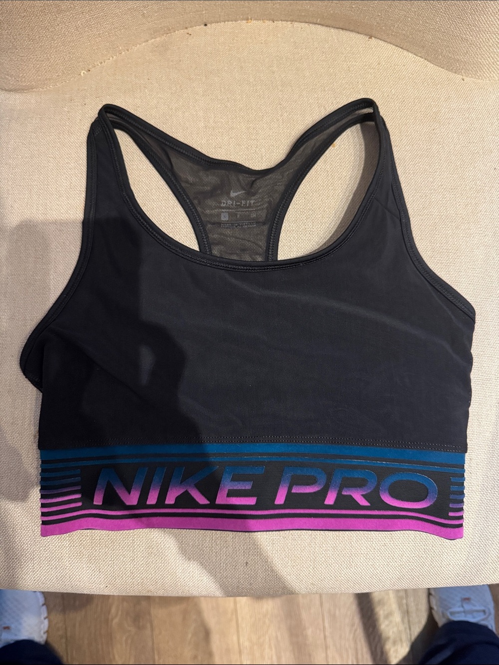 Nike Black Racerback Sports Bra with Pink and Blue Gradient Band